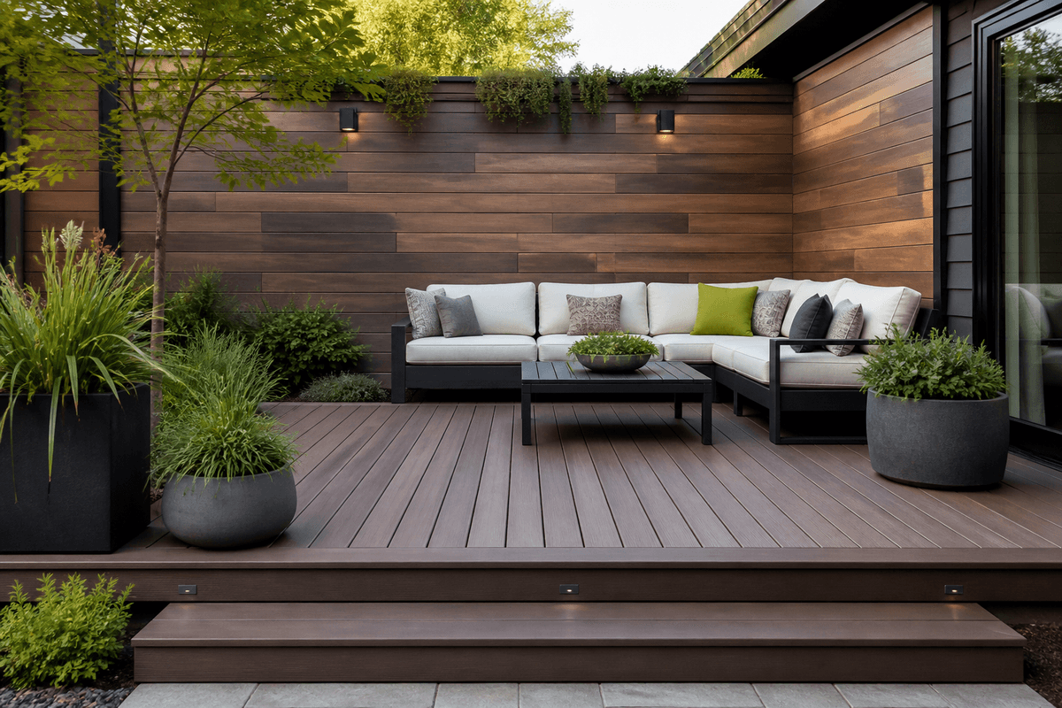 Wood-look composite panels behind a coordinated backyard deck Wood-look composite panels behind a coordinated backyard deck