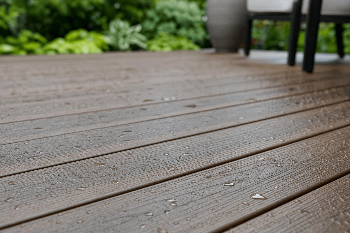 Capped composite deck surface with water and everyday outdoor use Capped composite deck surface with water and everyday outdoor use