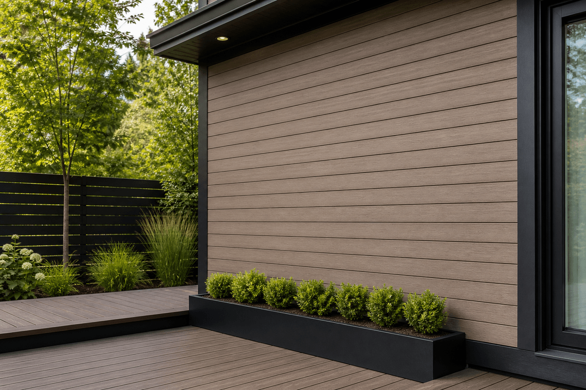 Exterior cladding wall coordinated with a composite deck Exterior cladding wall coordinated with a composite deck
