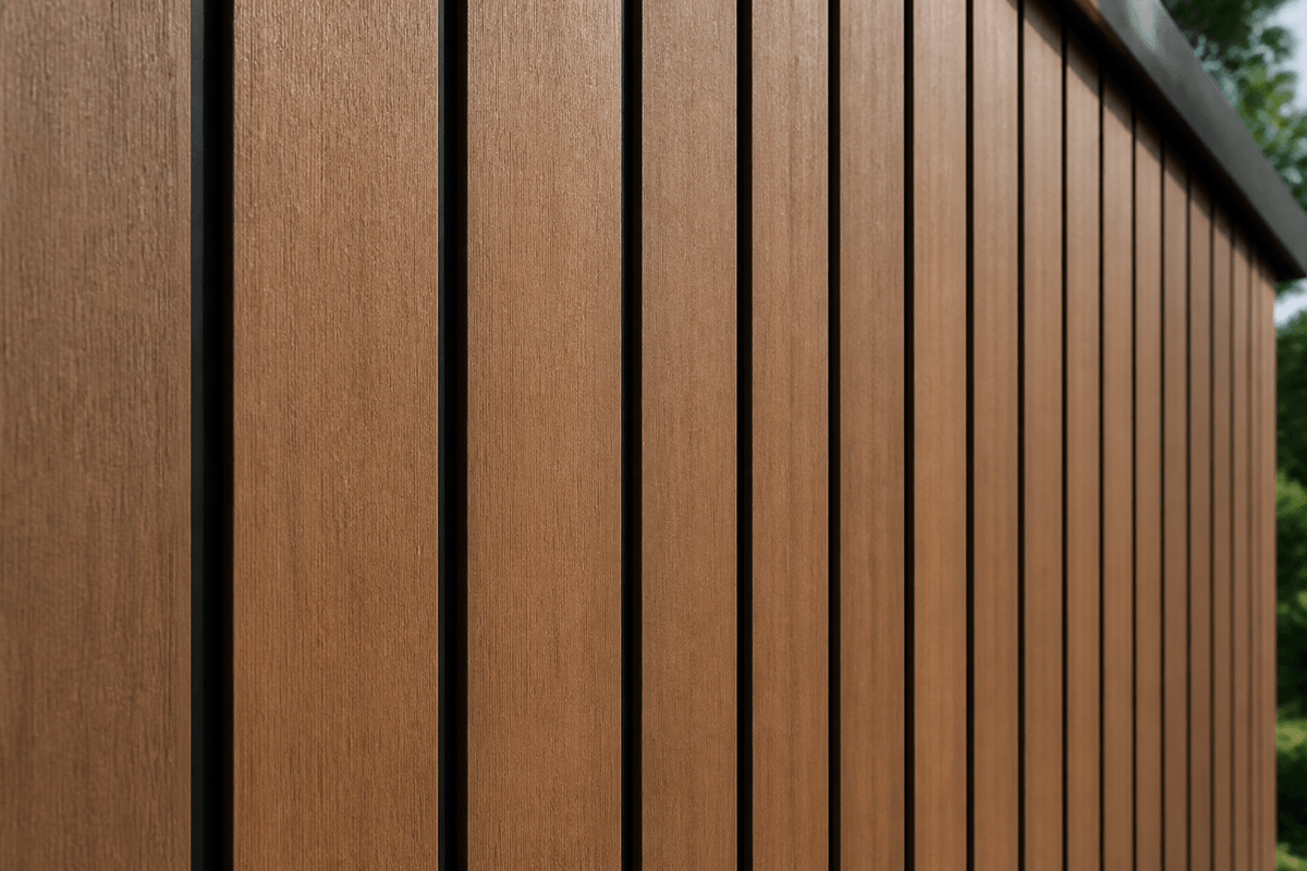 Close view of vertical WPC wall panels with clean shadow gaps Close view of vertical WPC wall panels with clean shadow gaps