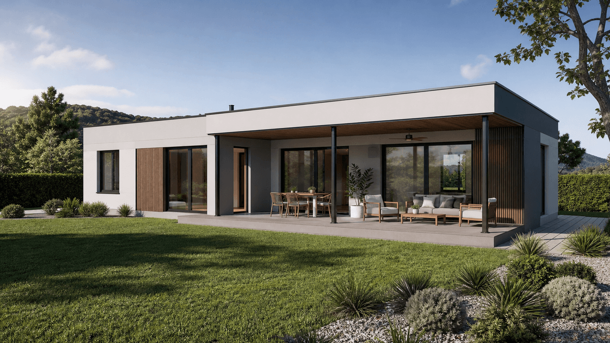 Casa prefabricada moderna con grandes ventanas Casa prefabricada moderna con grandes ventanas