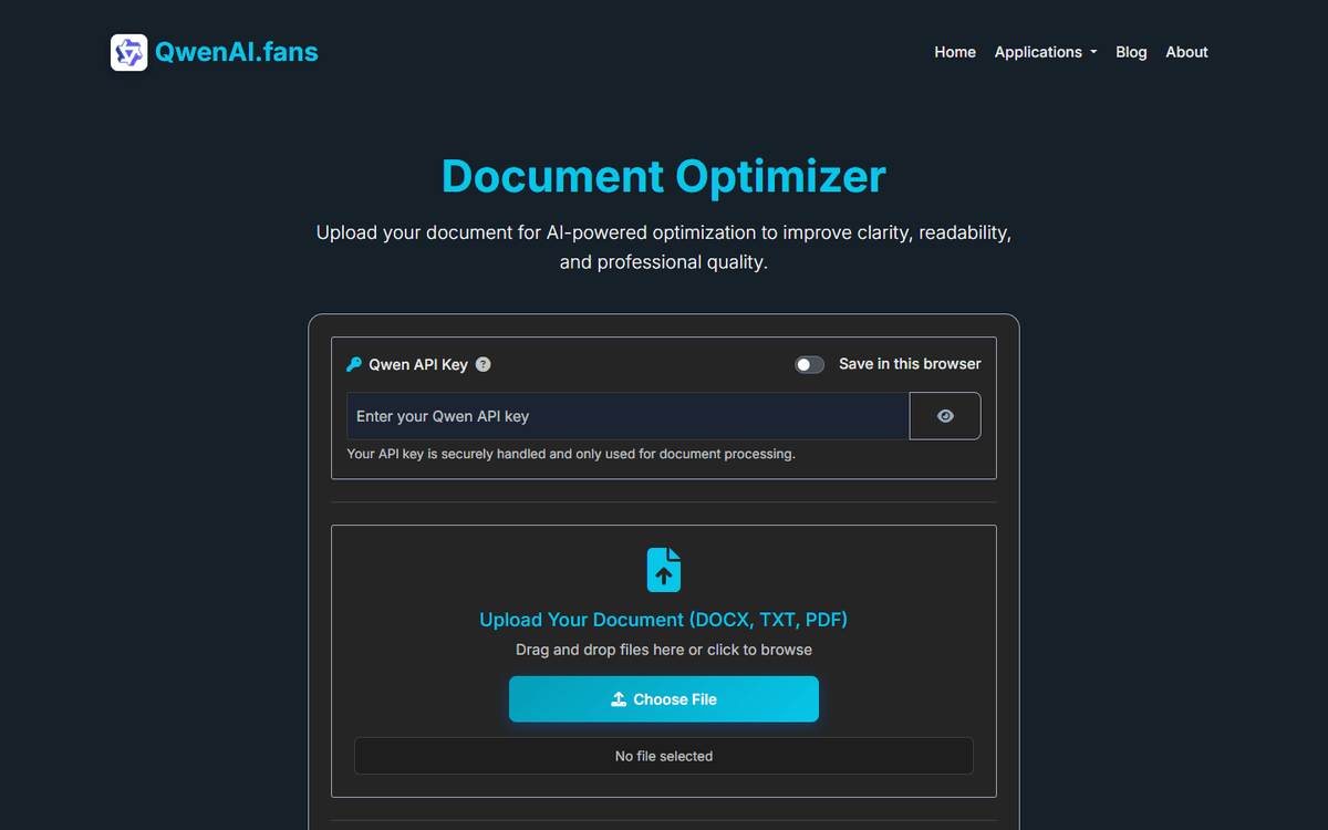 Document Optimizer interface with an API key field, file upload area, and optimization options. Document Optimizer interface with an API key field, file upload area, and optimization options.
