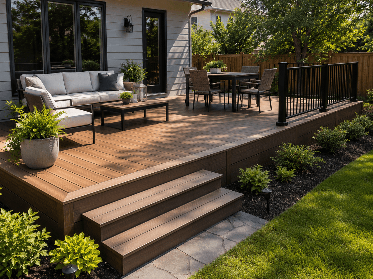 Composite timber deck with stairs and neat border detail Composite timber deck with stairs and neat border detail