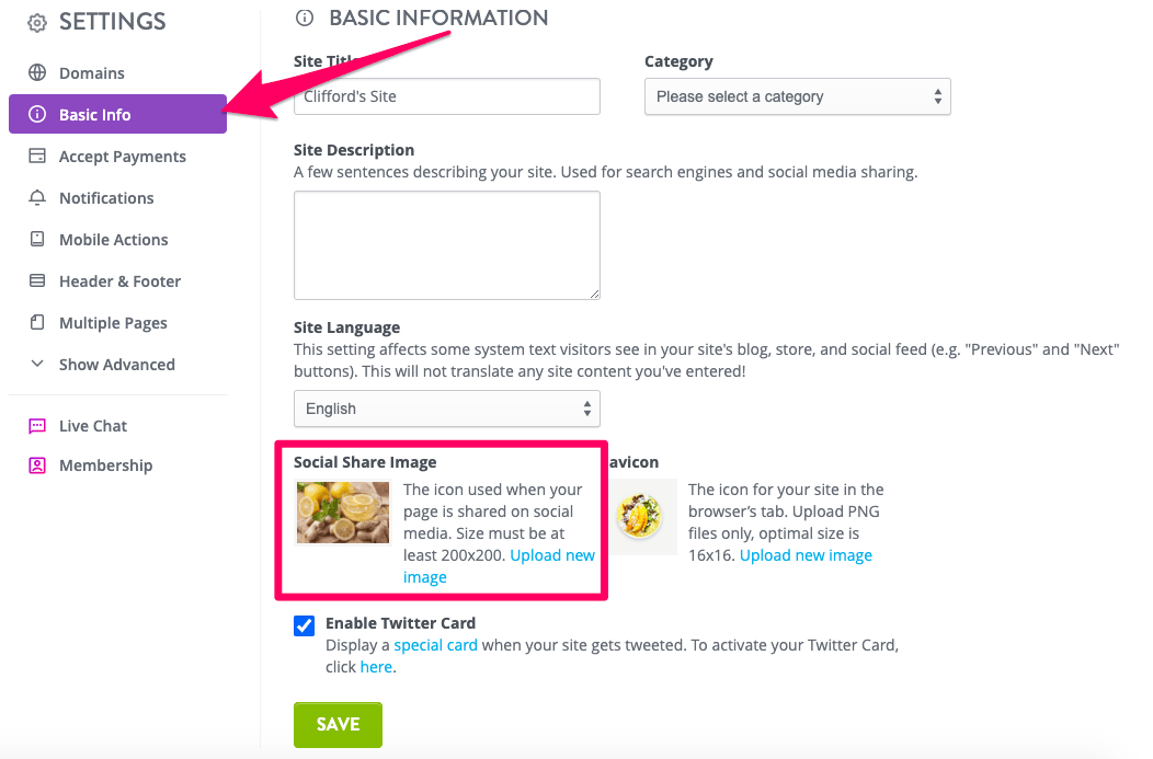 Strikingly settings panel for choosing the image shown when a page is shared on social media Strikingly settings panel for choosing the image shown when a page is shared on social media