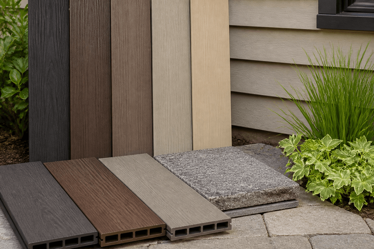 Composite fence panels tested vertically beside deck color samples Composite fence panels tested vertically beside deck color samples