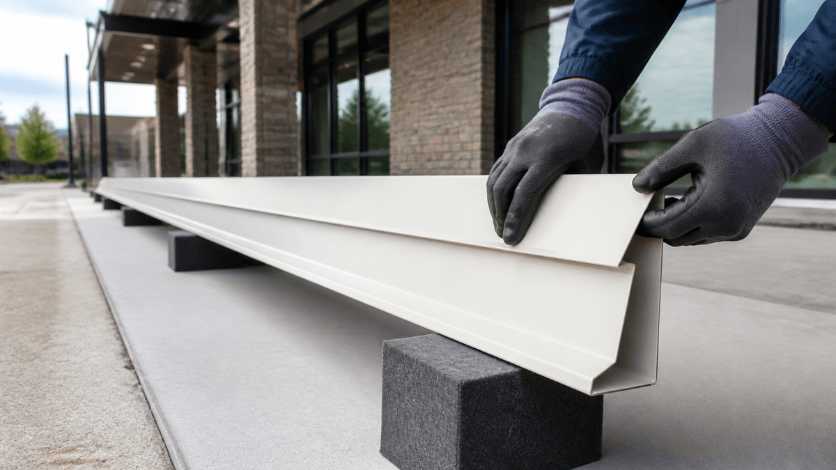 Rake trim aligned along a standing seam roof edge Rake trim aligned along a standing seam roof edge