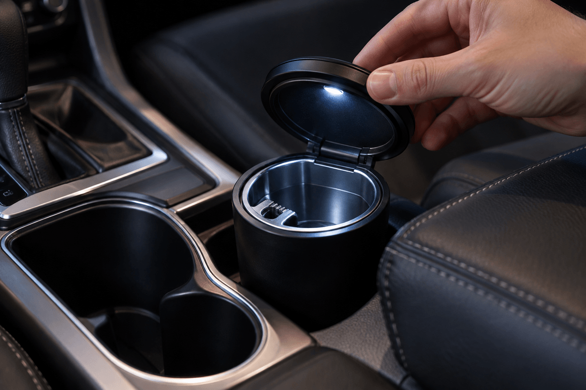 Hand opening a clean LED car ashtray lid in a parked vehicle center console Hand opening a clean LED car ashtray lid in a parked vehicle center console