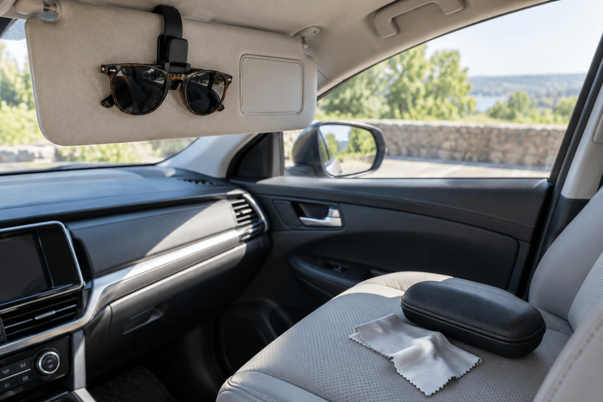 Sunglasses clip mounted on a car sun visor holding sunglasses in a parked car Sunglasses clip mounted on a car sun visor holding sunglasses in a parked car