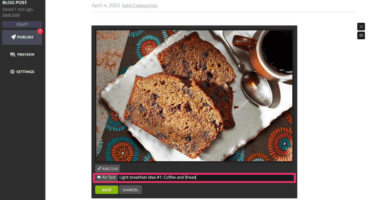 Strikingly blog editor showing a descriptive Alt Text field beneath an article image Strikingly blog editor showing a descriptive Alt Text field beneath an article image