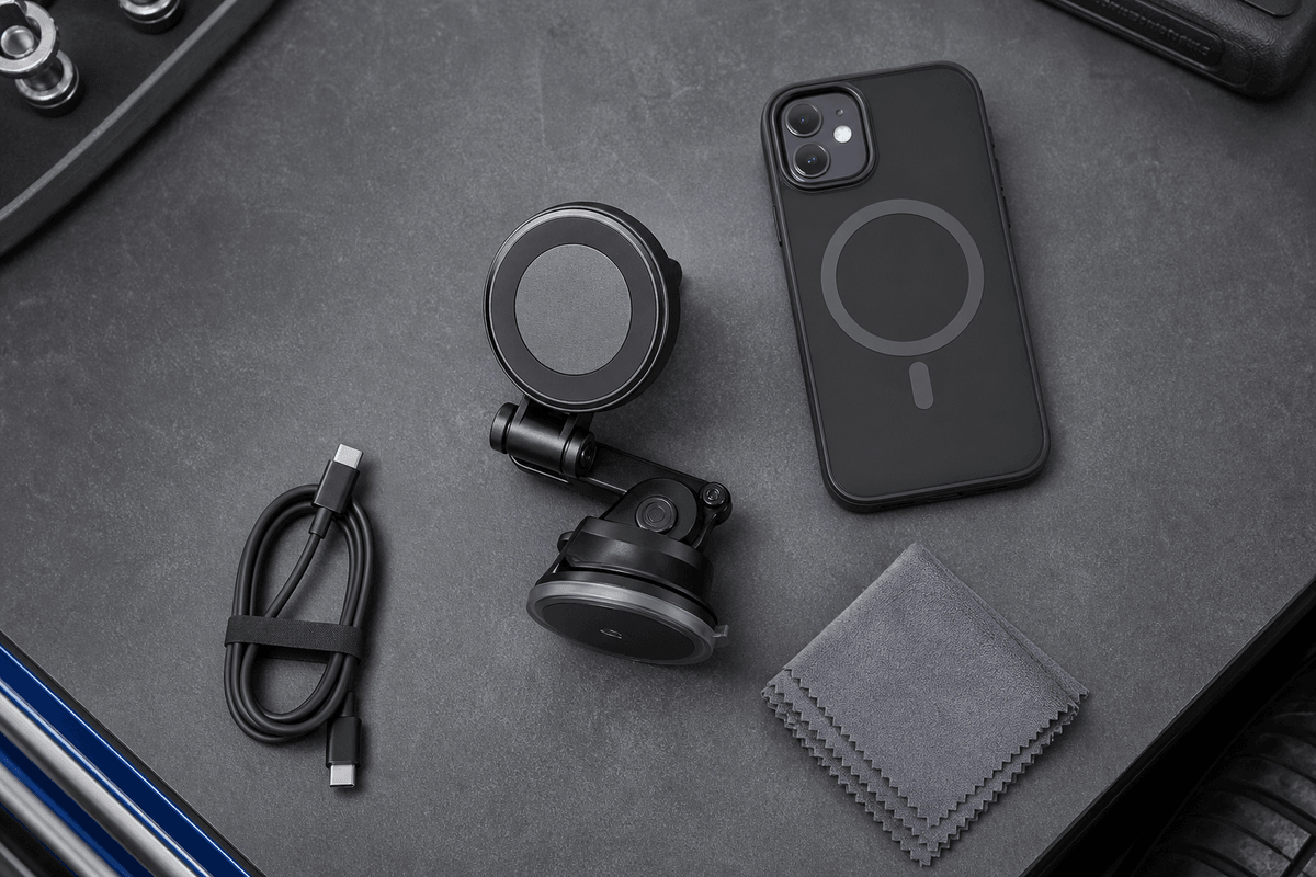 Foldable MagSafe style mount buying setup with phone case and cable Foldable MagSafe style mount buying setup with phone case and cable