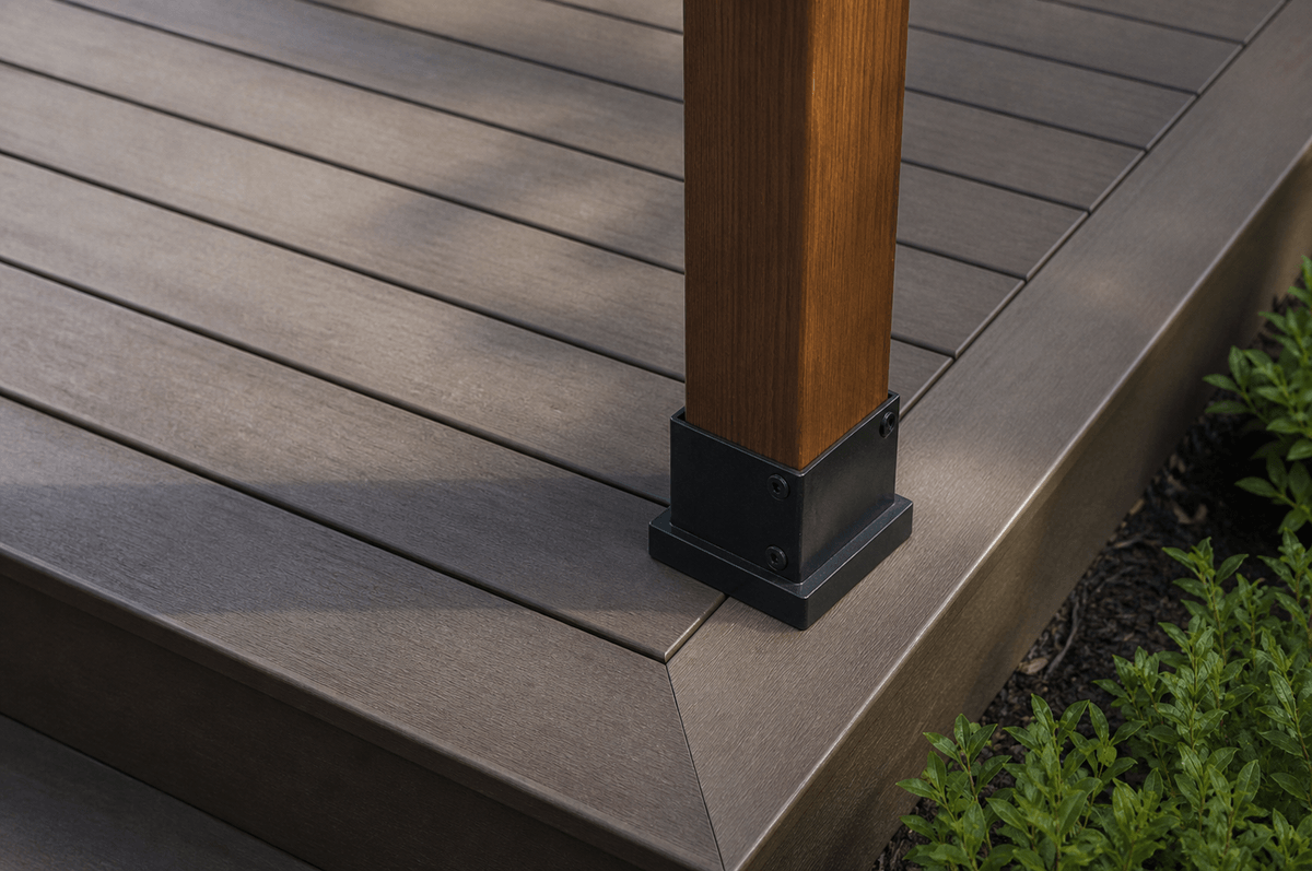 Pergola post layout aligned with composite deck boards Pergola post layout aligned with composite deck boards