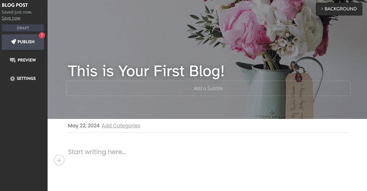 The Strikingly Blog Editor with title, subtitle, category, preview, and publishing controls The Strikingly Blog Editor with title, subtitle, category, preview, and publishing controls