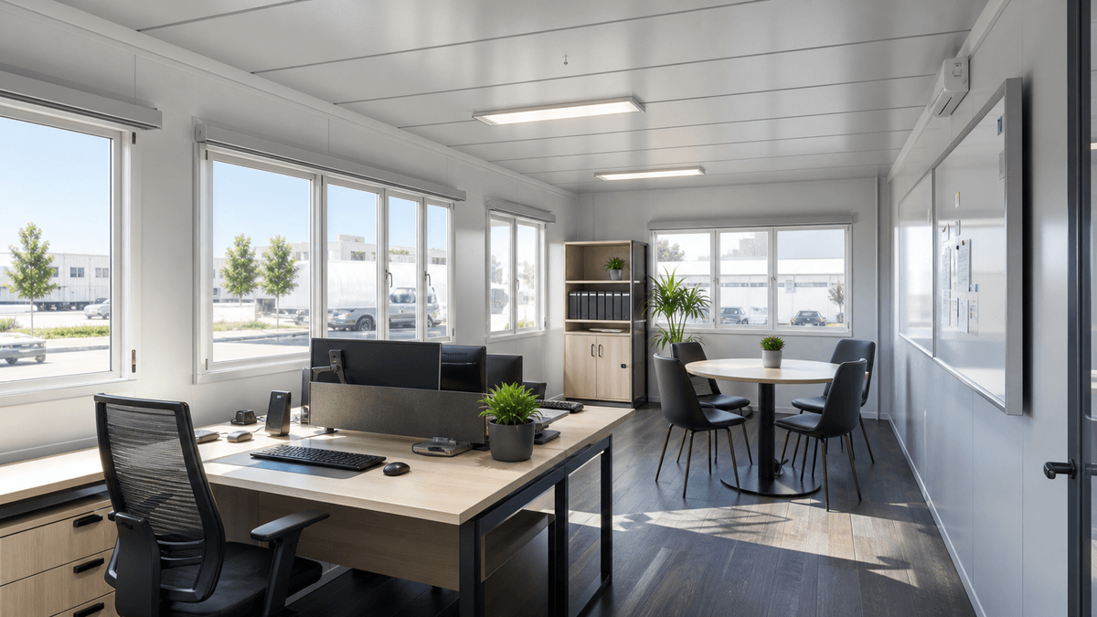 Interior de oficina contenedor modular con puestos de trabajo Interior de oficina contenedor modular con puestos de trabajo
