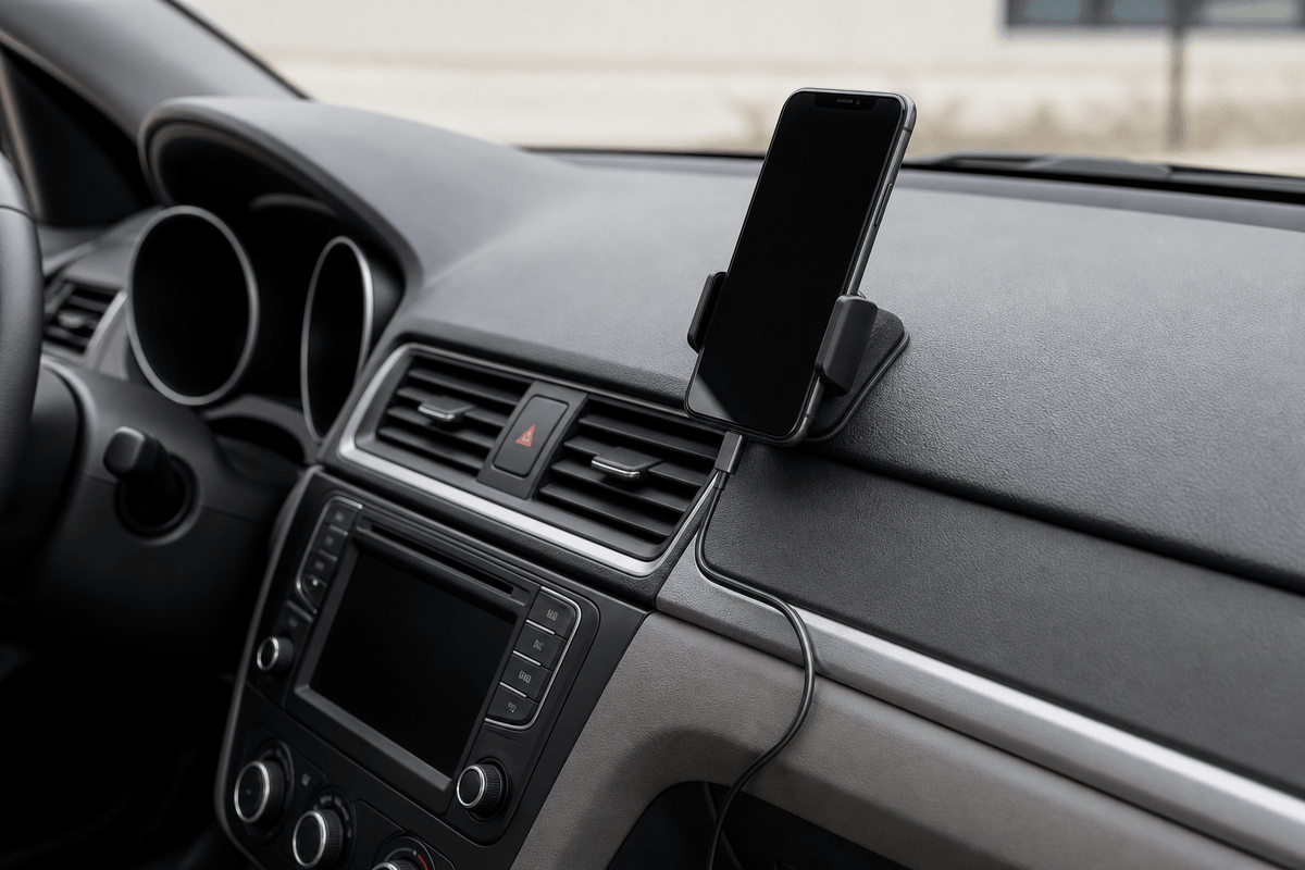Adhesive phone holder cable route checked before driving Adhesive phone holder cable route checked before driving
