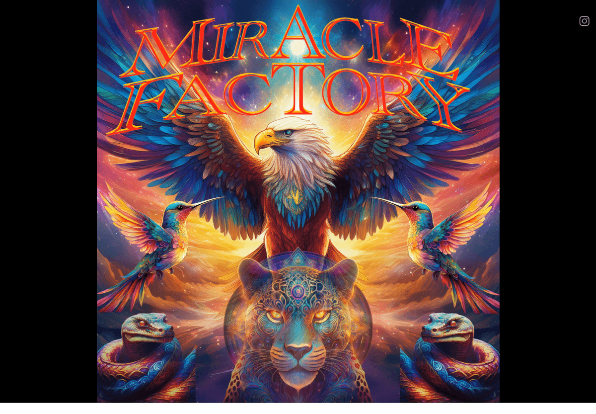 Miracle Factory homepage artwork with a large title above an eagle, hummingbirds, a jaguar, and snakes in vivid cosmic colors. Miracle Factory homepage artwork with a large title above an eagle, hummingbirds, a jaguar, and snakes in vivid cosmic colors.