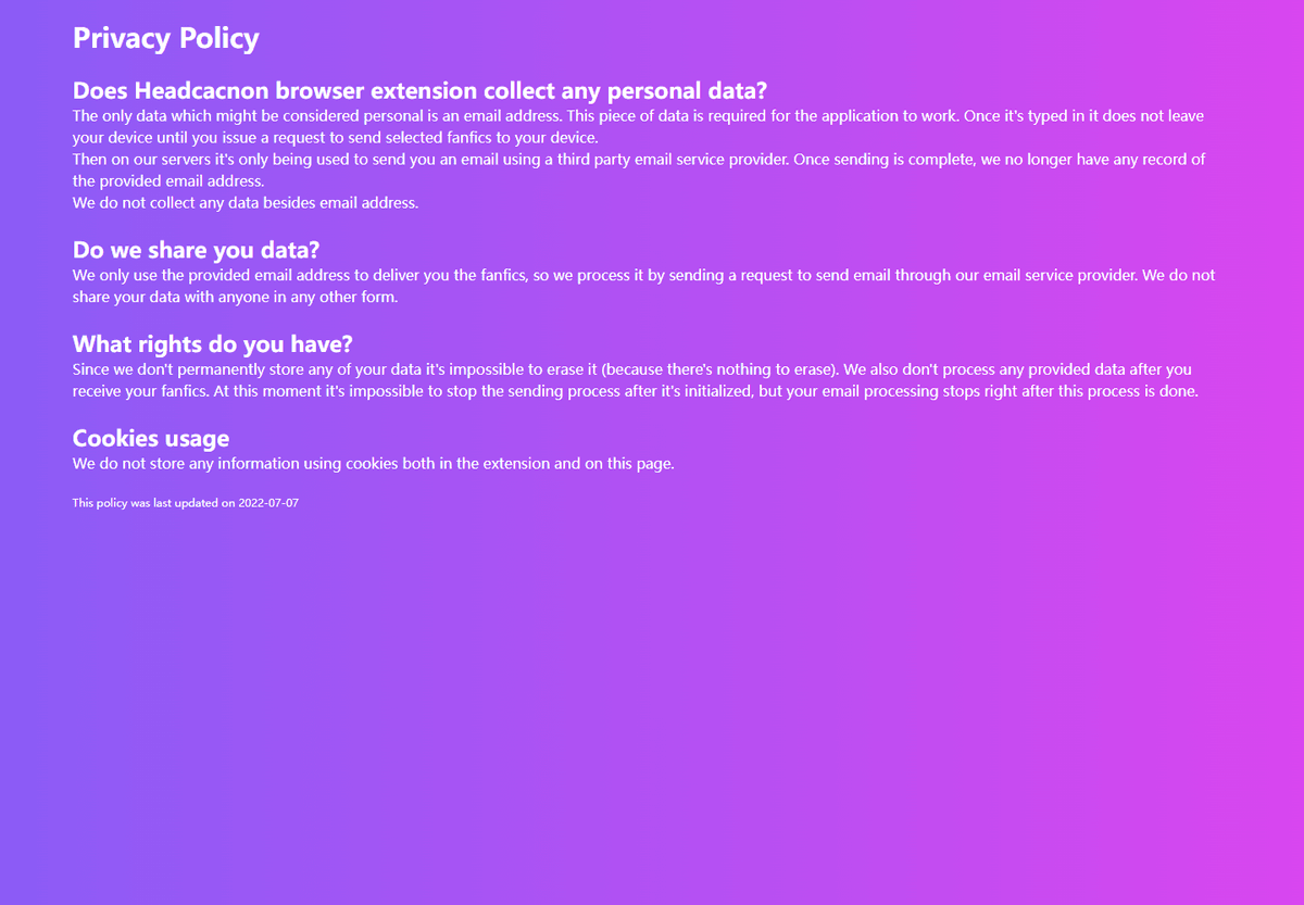 Headcanon privacy policy explaining email-address processing, sharing, user rights, and cookie use. Headcanon privacy policy explaining email-address processing, sharing, user rights, and cookie use.