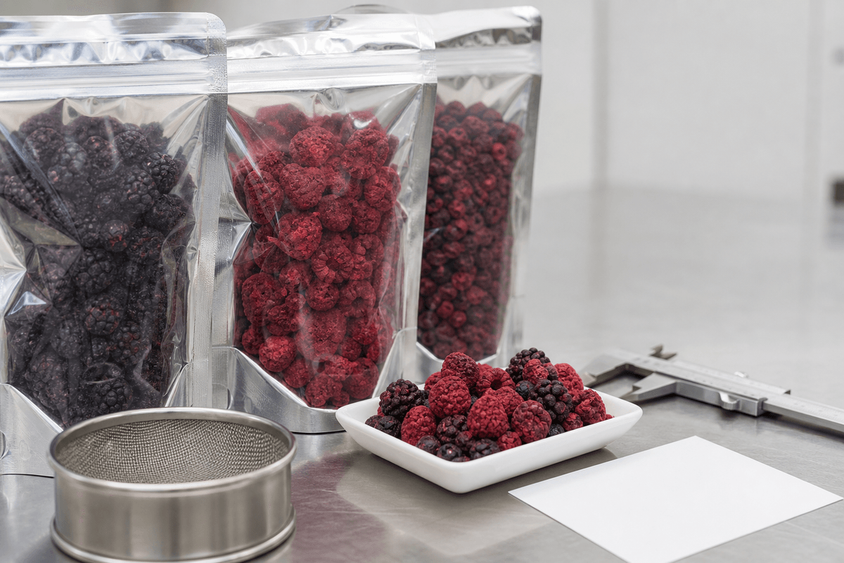 quality manager reviewing a freeze-dried fruit COA beside retained samples quality manager reviewing a freeze-dried fruit COA beside retained samples