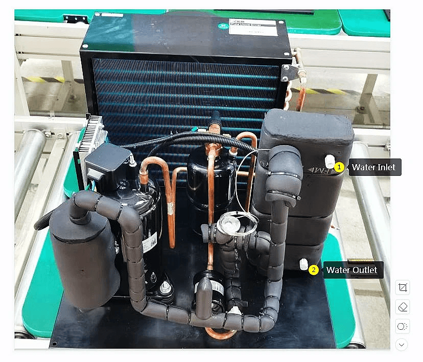 Visual representation showing components involved in a hot gas defrost process. Visual representation showing components involved in a hot gas defrost process.