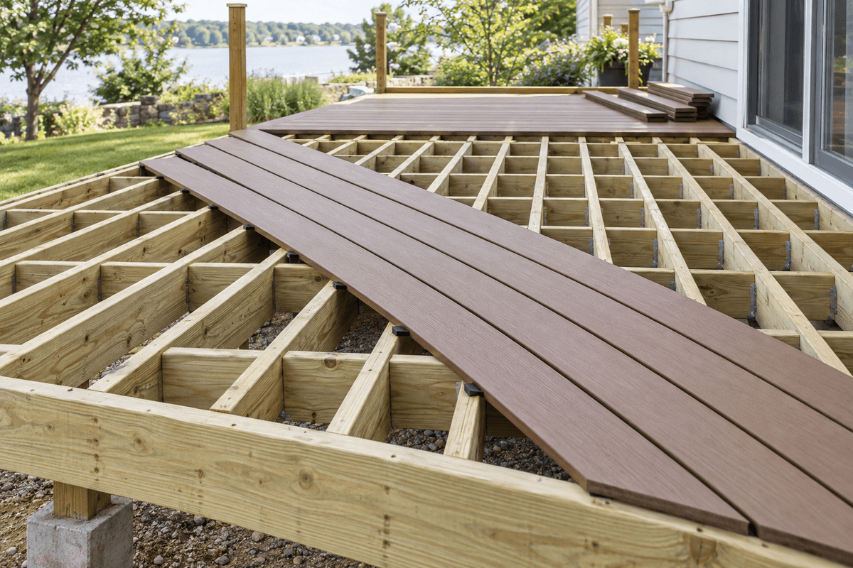 Diagonal composite board layout over tighter joist framing Diagonal composite board layout over tighter joist framing