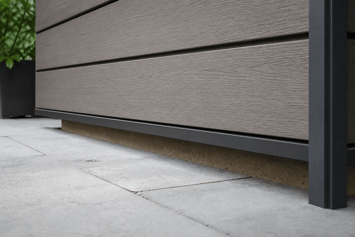 Close view of composite wall cladding boards with realistic grain Close view of composite wall cladding boards with realistic grain