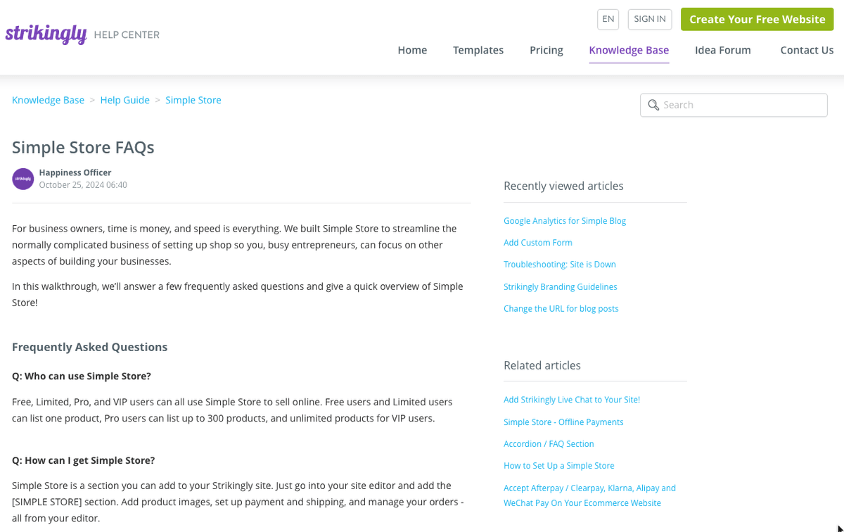 Strikingly Simple Store FAQ presenting answers in a structured knowledge format Strikingly Simple Store FAQ presenting answers in a structured knowledge format