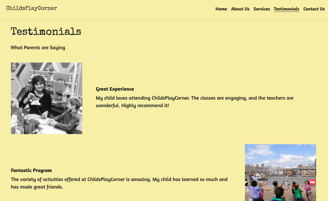 Kid Class template demonstrating a friendly testimonial-page layout with clear visual hierarchy Kid Class template demonstrating a friendly testimonial-page layout with clear visual hierarchy