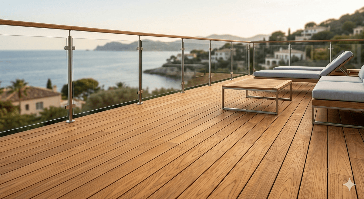 Premium teak decking boards on a modern outdoor terrace with warm natural wood tone Premium teak decking boards on a modern outdoor terrace with warm natural wood tone