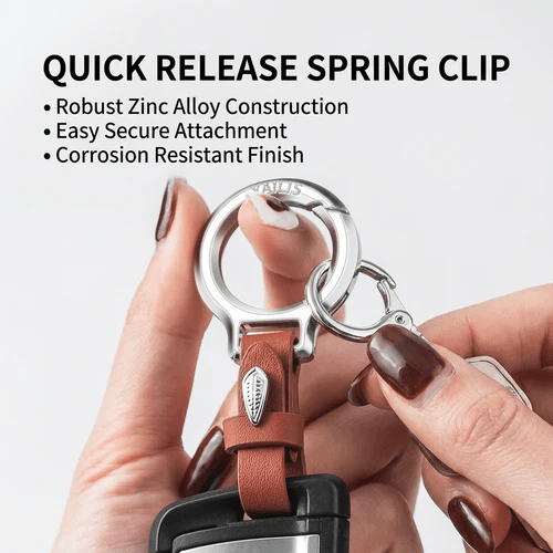 Close-up product image showing the quick release spring clip on the car keychain Close-up product image showing the quick release spring clip on the car keychain