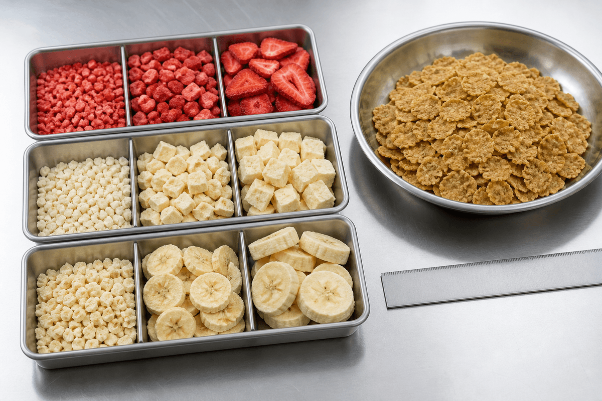 three freeze-dried fruit size bands compared beside breakfast cereal three freeze-dried fruit size bands compared beside breakfast cereal