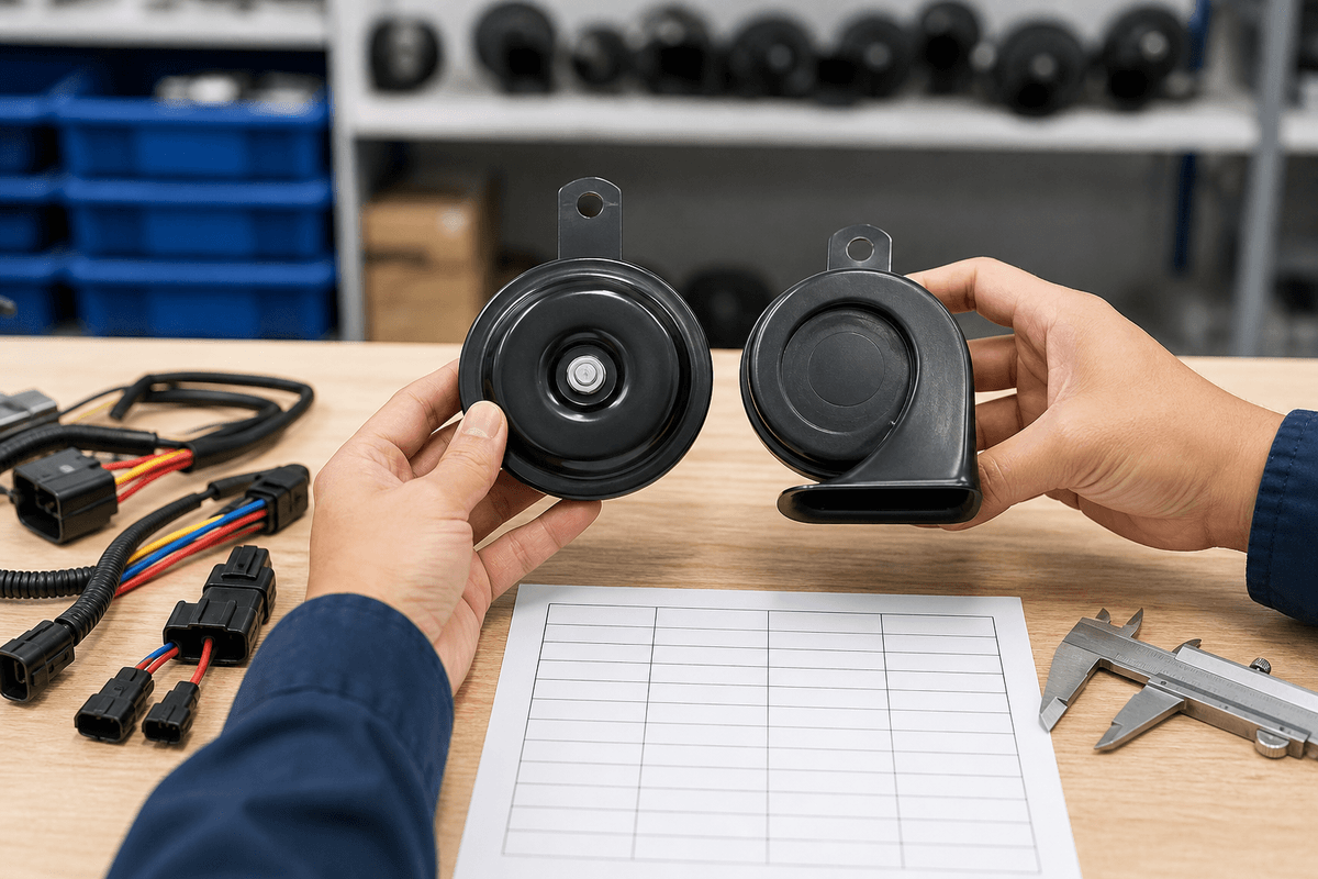 Buyer comparing low current disc horn and snail horn samples Buyer comparing low current disc horn and snail horn samples