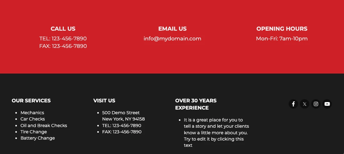 Mechanic website footer grouping phone, email, hours, services, address, and social links Mechanic website footer grouping phone, email, hours, services, address, and social links