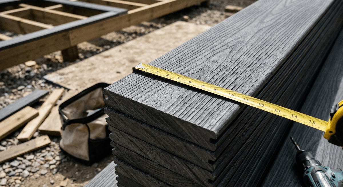150mm wide composite decking boards stacked and measured on a jobsite before installation 150mm wide composite decking boards stacked and measured on a jobsite before installation