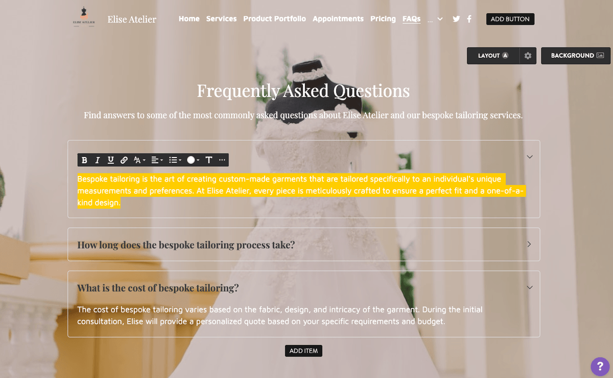Strikingly FAQ editor showing concise service questions and expandable answers Strikingly FAQ editor showing concise service questions and expandable answers