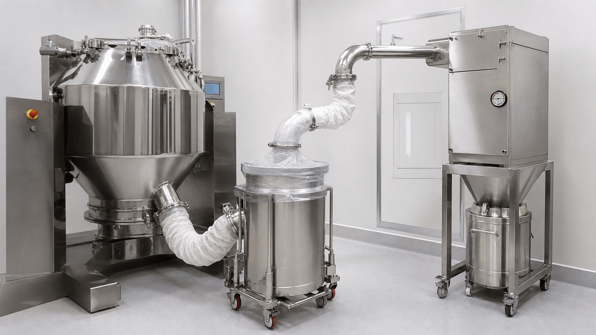 contained pharmaceutical powder transfer connected to an industrial dust collector contained pharmaceutical powder transfer connected to an industrial dust collector