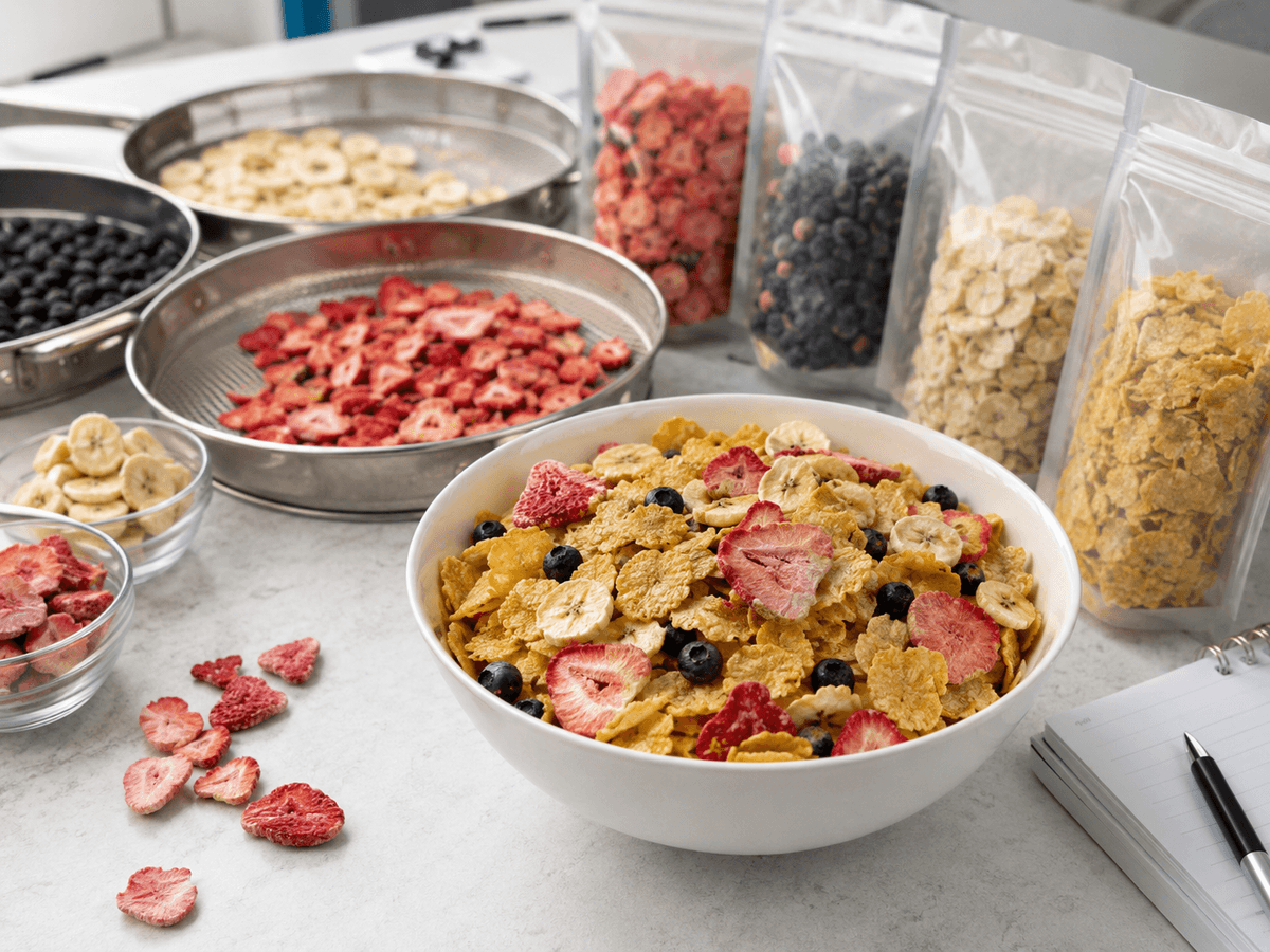 Freeze-dried fruit inclusions mixed into breakfast cereal Freeze-dried fruit inclusions mixed into breakfast cereal