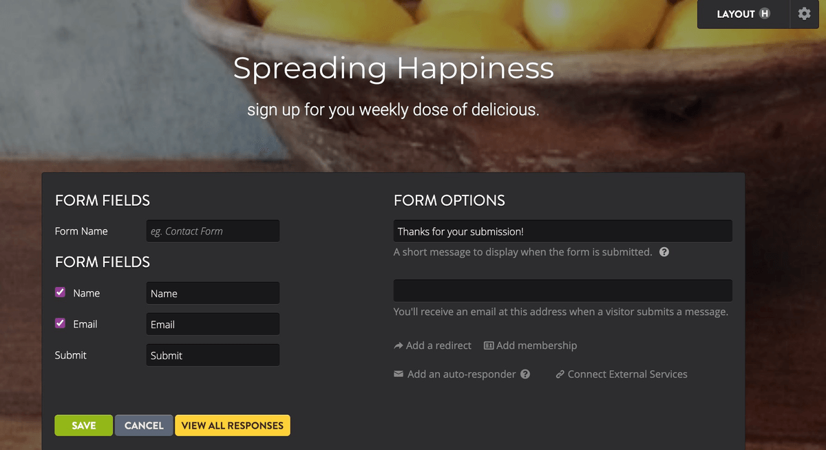 Strikingly sign-up form editor with name, email, submission message, and response controls Strikingly sign-up form editor with name, email, submission message, and response controls