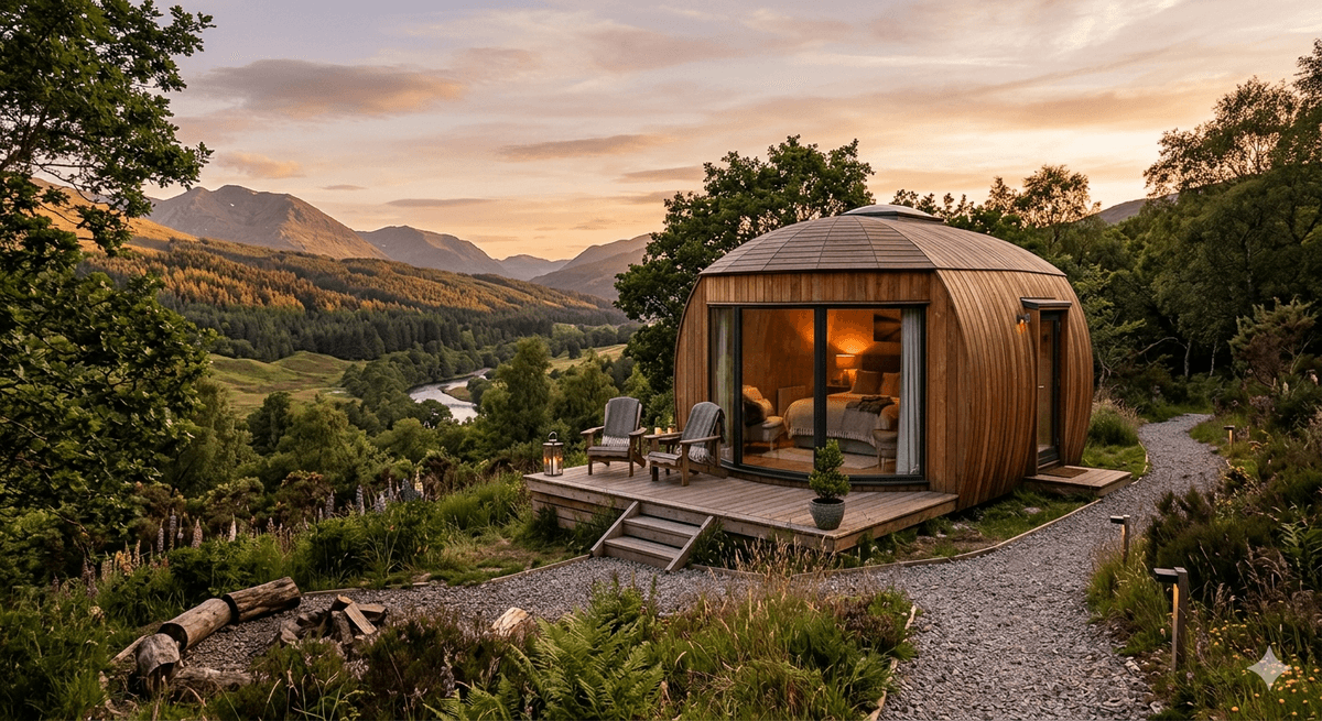 Cabaña de manzana modular en un entorno de glamping Cabaña de manzana modular en un entorno de glamping