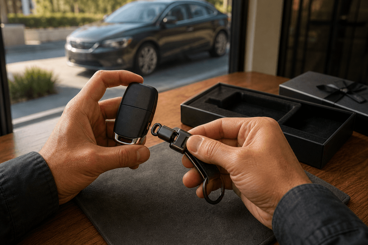Man attaching a gifted quick-release keychain to his car fob Man attaching a gifted quick-release keychain to his car fob