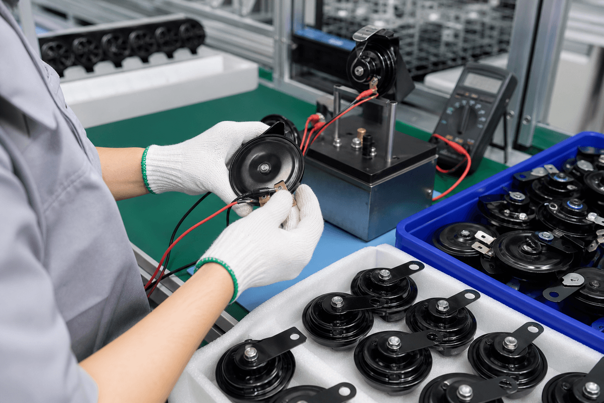 Quality inspector checking 12V car horn production consistency Quality inspector checking 12V car horn production consistency