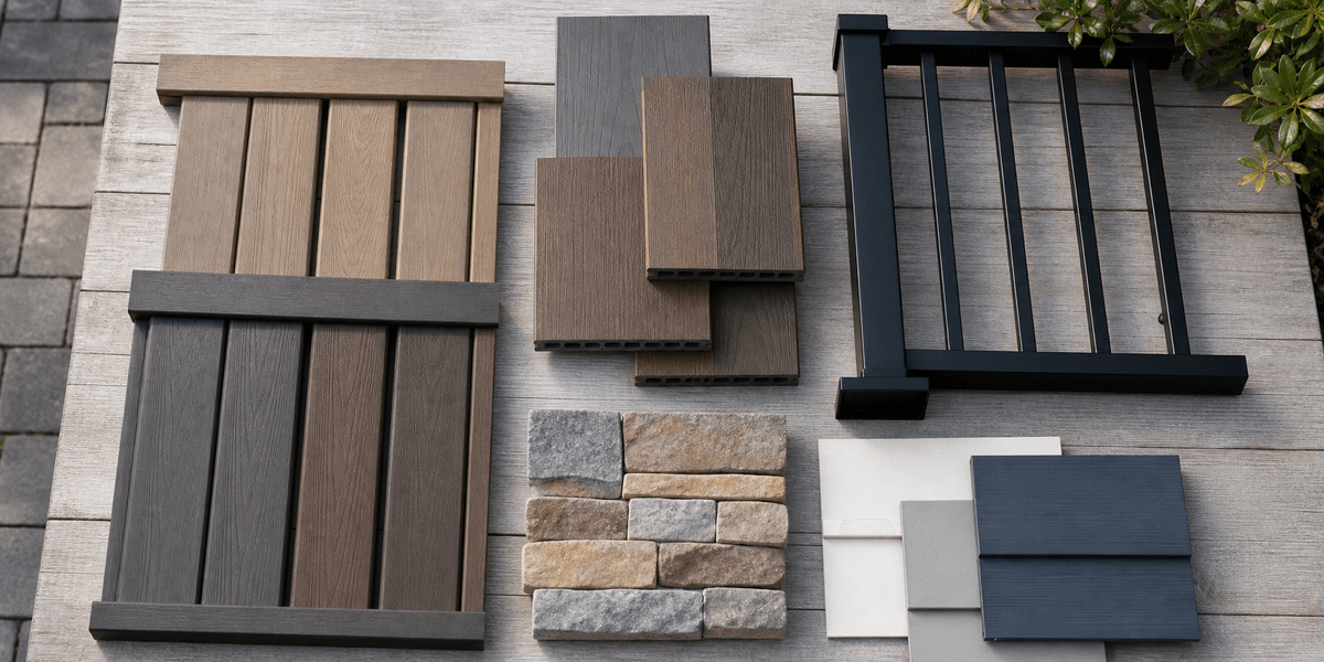 Composite fence panel samples compared with deck boards and railing Composite fence panel samples compared with deck boards and railing