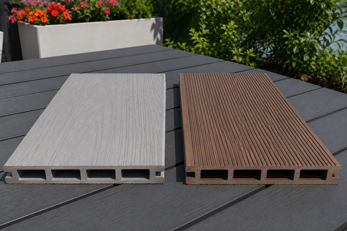 PVC decking and composite decking samples compared outdoors in bright daylight PVC decking and composite decking samples compared outdoors in bright daylight