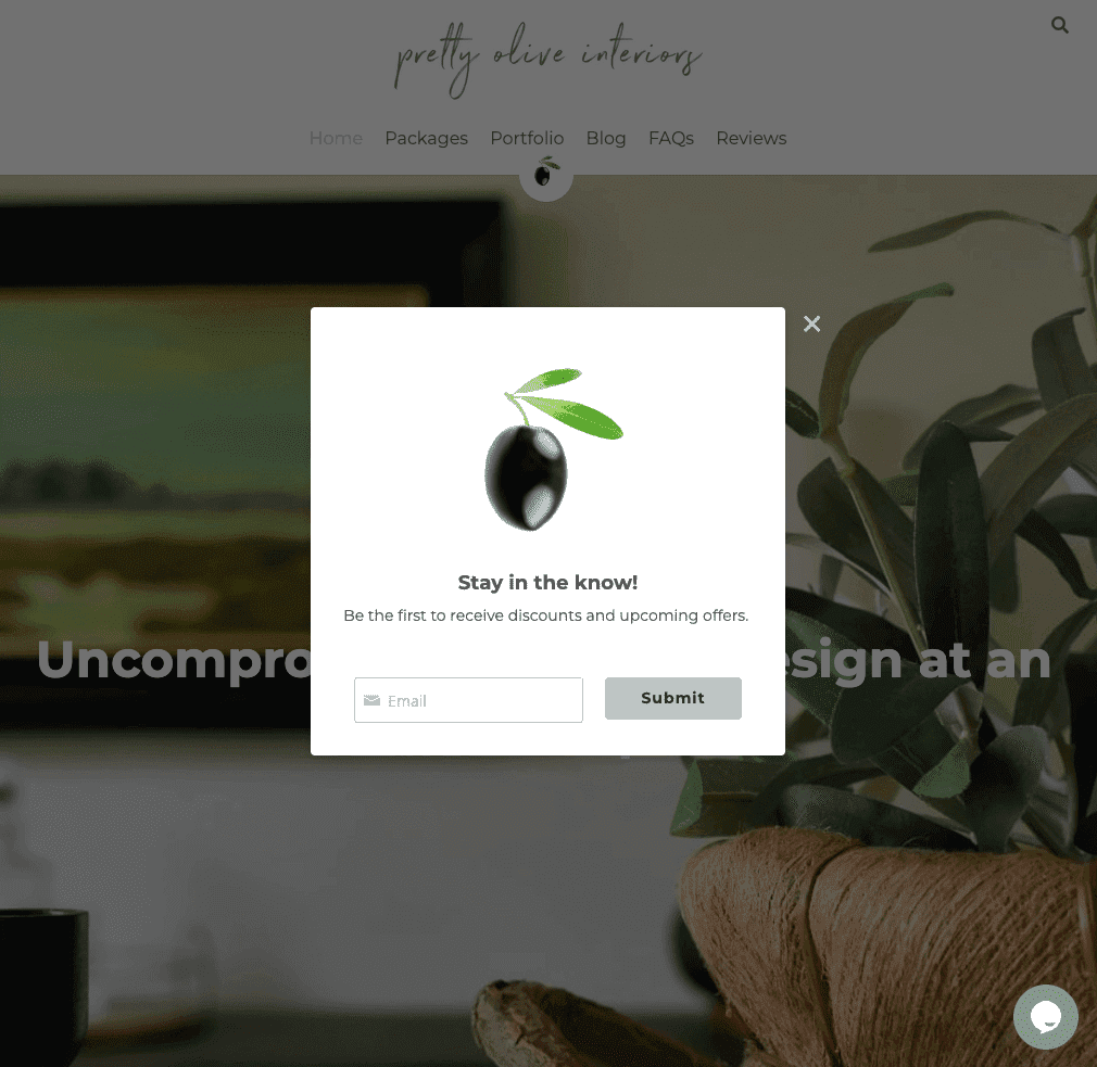 Site-ul de comerț electronic Pretty Olive Interiors cu formular pop-up Site-ul de comerț electronic Pretty Olive Interiors cu formular pop-up