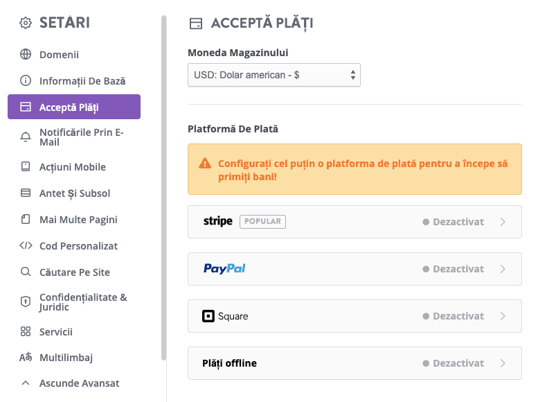 Pagină de configurare a plăților din magazinul online surprinzător Pagină de configurare a plăților din magazinul online surprinzător