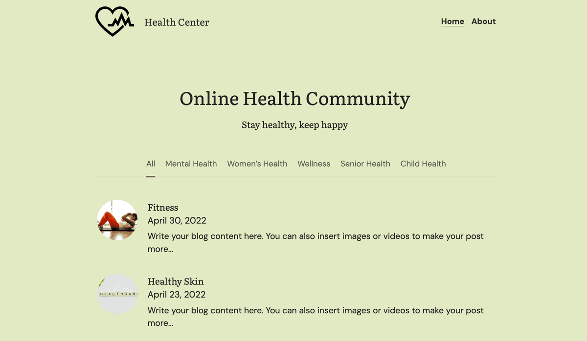 Plantilla de comunidad de salud de Strikingly Plantilla de comunidad de salud de Strikingly