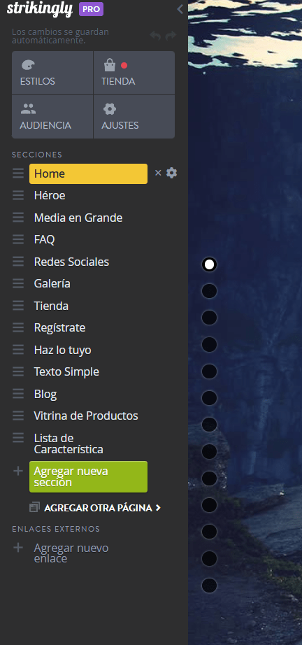 Menú en el editor de Strikingly Menú en el editor de Strikingly