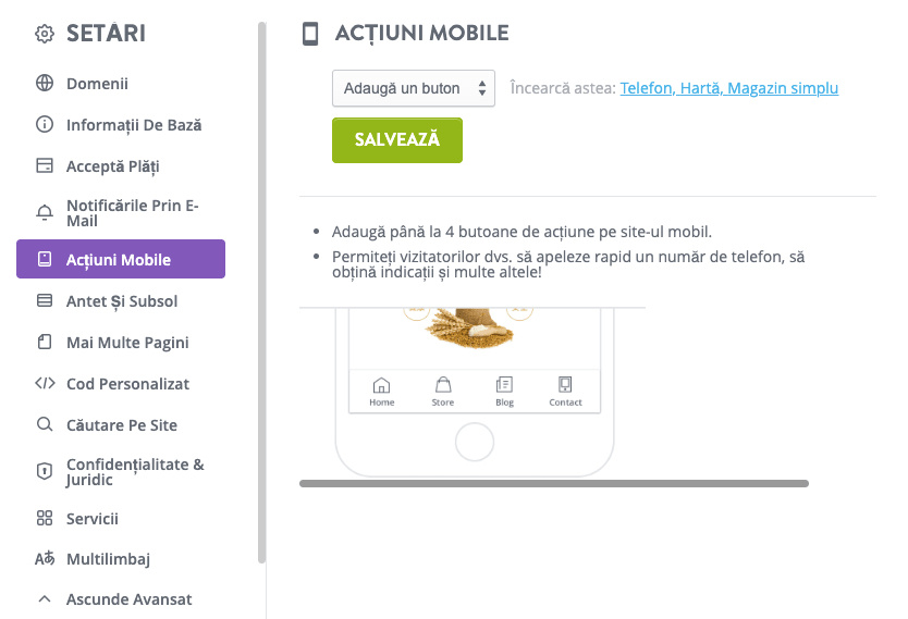 Pagina de configurare a acțiunii surprinzător de mobil Pagina de configurare a acțiunii surprinzător de mobil