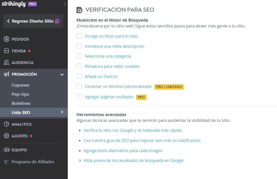 Verificación para SEO en el editor de Strikingly Verificación para SEO en el editor de Strikingly