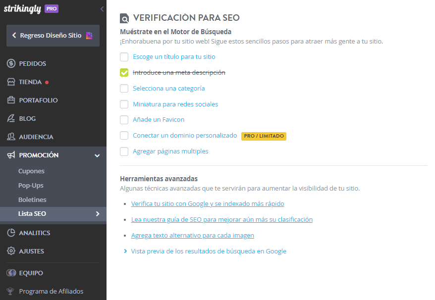 Verificación para SEO en el editor de Strikingly Verificación para SEO en el editor de Strikingly