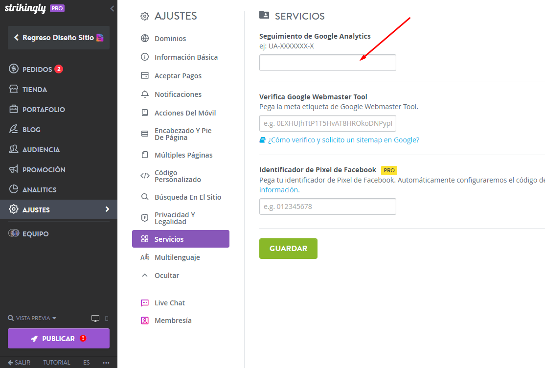 Servicios de estadísticas y seguimiento en el editor de Strikingly Servicios de estadísticas y seguimiento en el editor de Strikingly