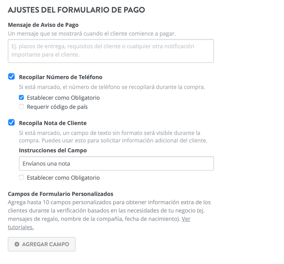 Configuración personalizada del formulario de pago Configuración personalizada del formulario de pago